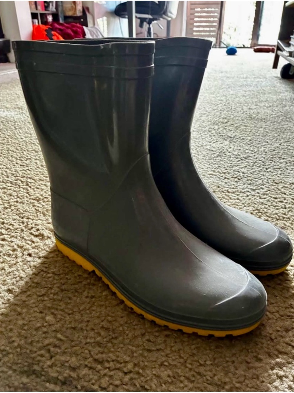 Gray Rain Boots with Yellow Soles